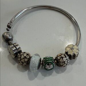 Pandora Silver Bracelet with Green and White Charms